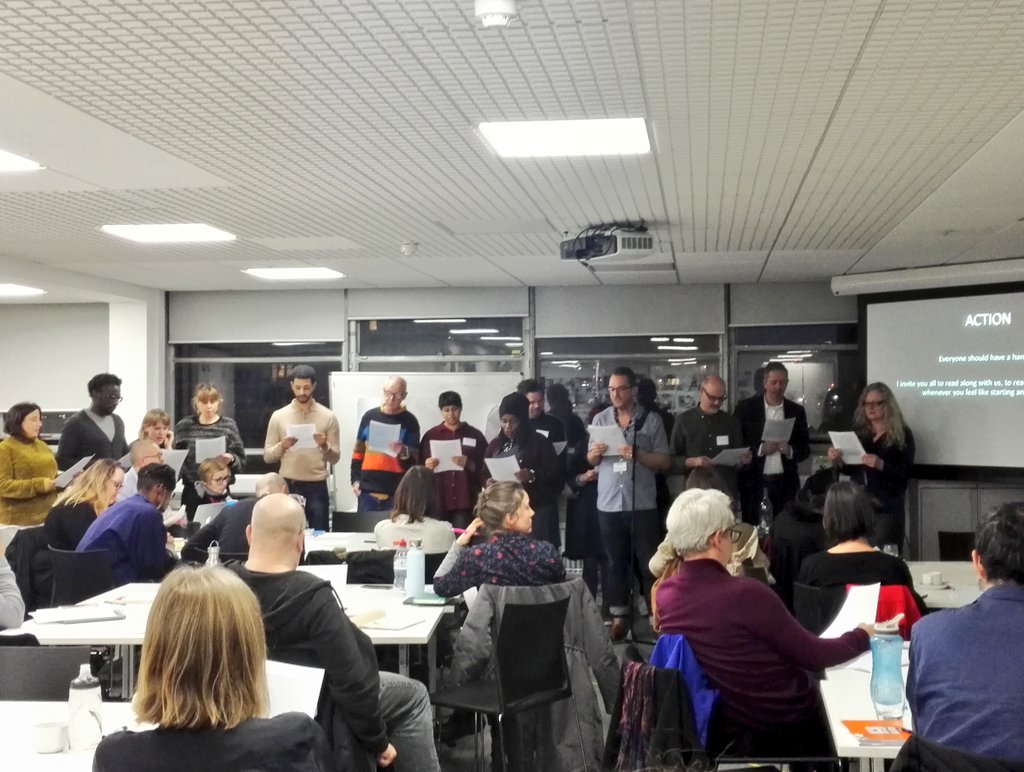 rachmarsden's tweet photo. Full house for @leejjcampbell's book launch 'LEAP INTO ACTION: Critical performative pedagogies in art & design education' (2019). Contributors reading and performing the text...where voice ebbs and flows in disconnected unison...
#UALPlatform @UALTLE https://t.co/s0yLbaXRR4
