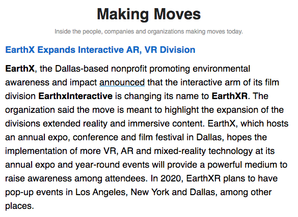 presskitcheners's tweet photo. Making Moves: #EarthxInteractive, a division of @EarthxFilm, is now #EarthXR! Read more on @AmericanInno: https://t.co/T9zCvF1FGM #Earthx2020 https://t.co/RVPVutse6K