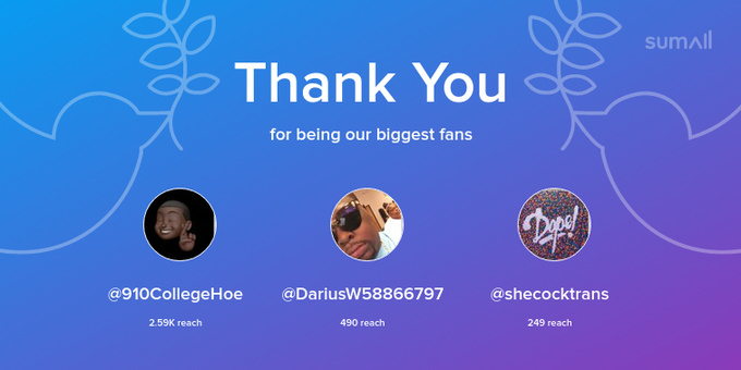 Our biggest fans this week: 910CollegeHoe, DariusW58866797, shecocktrans. Thank you! via https://t.co/uVkIgYdaax