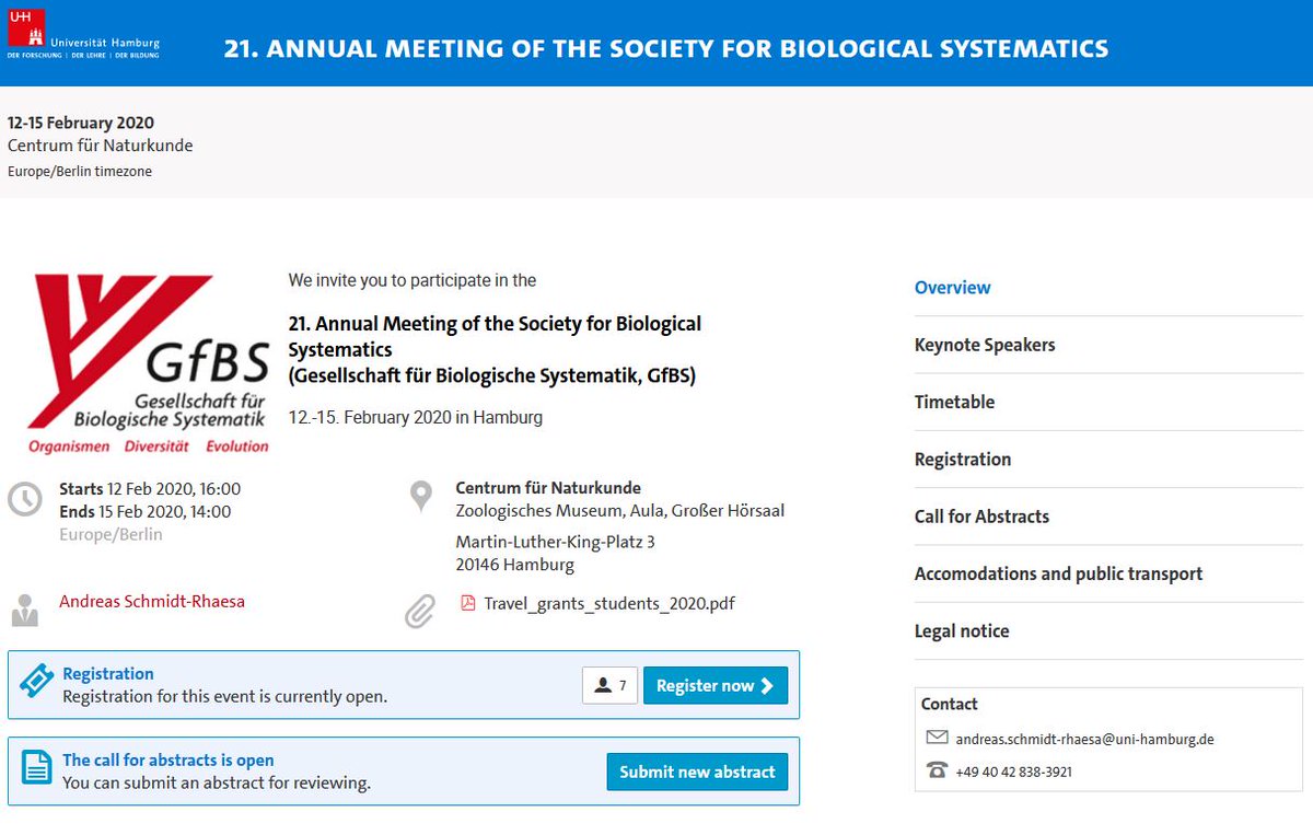 The 21. Annual Meeting of the Society for Biological Systematics (Gesellschaft für Biologische Systematik, GfBS) will take place 12.-15.Feb 2020 in Hamburg.

Call for abstracts until 29/01/2020

conferences.uni-hamburg.de/event/110/

<a href="/GfBS_ODE/">GfBS</a> <a href="/JuSys_GfbS/">JuSys</a> #taxonomy