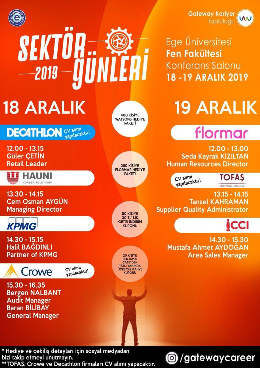 nazangunay's tweet photo. Sektör Günleri 2019, @Gatewaycareer topluluğu sizleri firmalarla buluşturuyor. Firma yöneticilerine CV’lerinizi iletebilirsiniz. İş ve staj olanakları bulunmaktadır.  18-19 Aralık 2019, Fen Fakültesi Konferans Salonu. https://t.co/6vzJkVnl6o