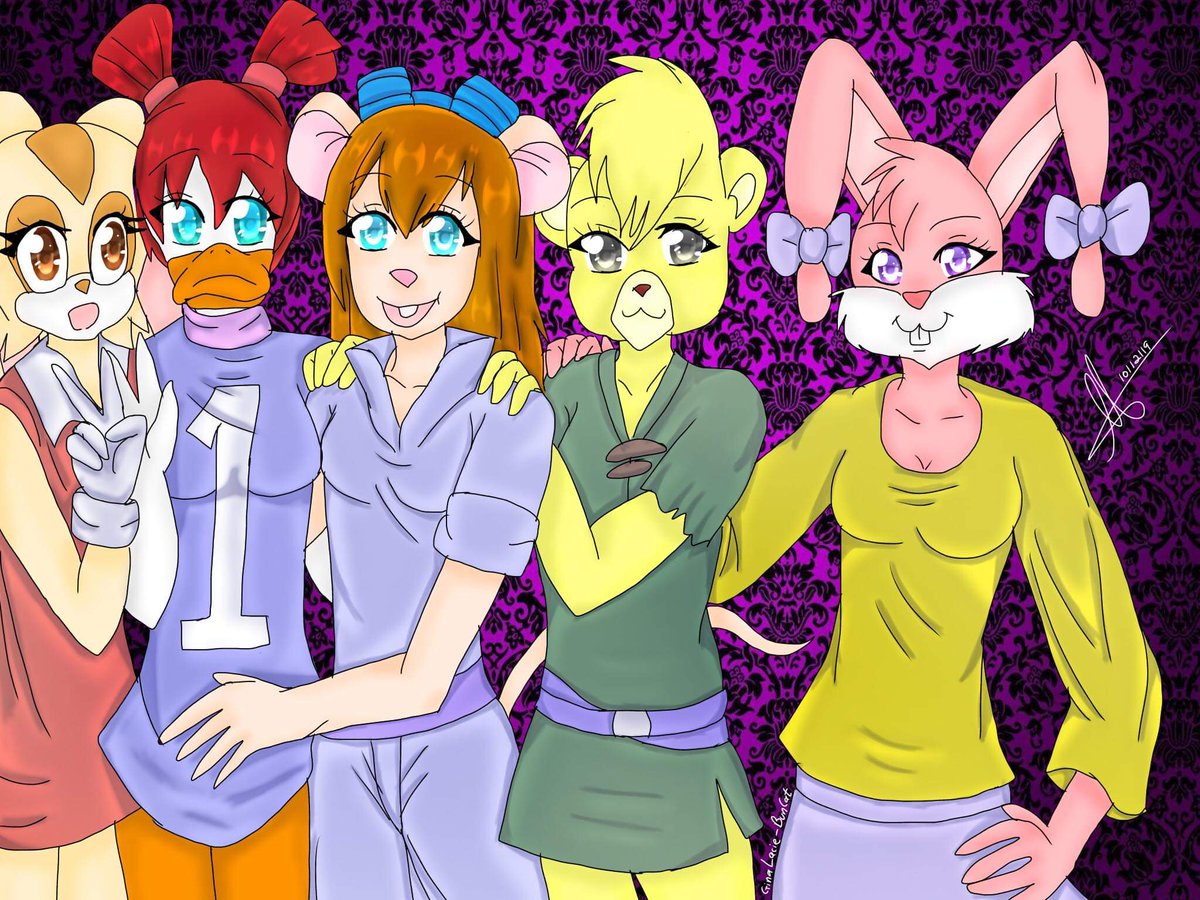 LacieBuncat's tweet photo. This is a fanart drawing i made in sketch and in digital is Cream from Sonic X, Gosalyn Mallwd from Dakwing Duck, Gadget Hackwrench from Chip n Dale Rescue Rangers, Sunni Gummi from Disney Adventures Of Gummi Bears and Babs Bunny from Tiny Toons all grown up.
#fanart #animestyles https://t.co/WAWarT7V6u
