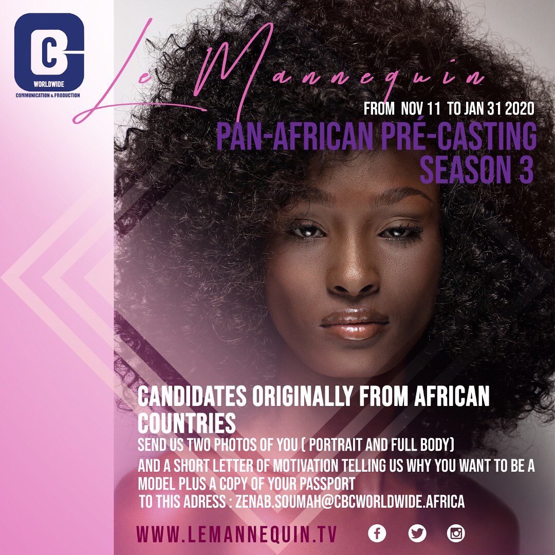 LeMannequin_GN (@lemannequin_gn) on Twitter photo Suite aux nombreuses réclamations des filles originaires des pays africains, nous avons décidé d’ouvrir le casting à toutes les mannequins potentielles du continent ! 
Pour vous inscrire, il suffit de suivre les informations sur le flyer 👇🏿
C’est parti ! A vos claviers 😎🎉 Suite aux nombreuses réclamations des filles originaires des pays africains, nous avons décidé d’ouvrir le casting à toutes les mannequins potentielles du continent ! 
Pour vous inscrire, il suffit de suivre les informations sur le flyer 👇🏿
C’est parti ! A vos claviers 😎🎉