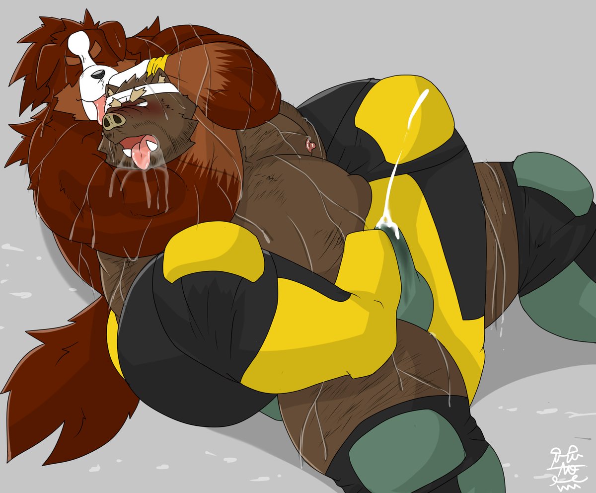 【NSFW】Sleeper hold with scissors.
Boar is fainted by dog wrestler.
「ああ、よか、涎まみれのイタローめんこい・・・。気持ちよかなら、イってよかよ？」
「・・・・・ご、・・・・ぐ・・・・っ・・・!」
#ケモレス