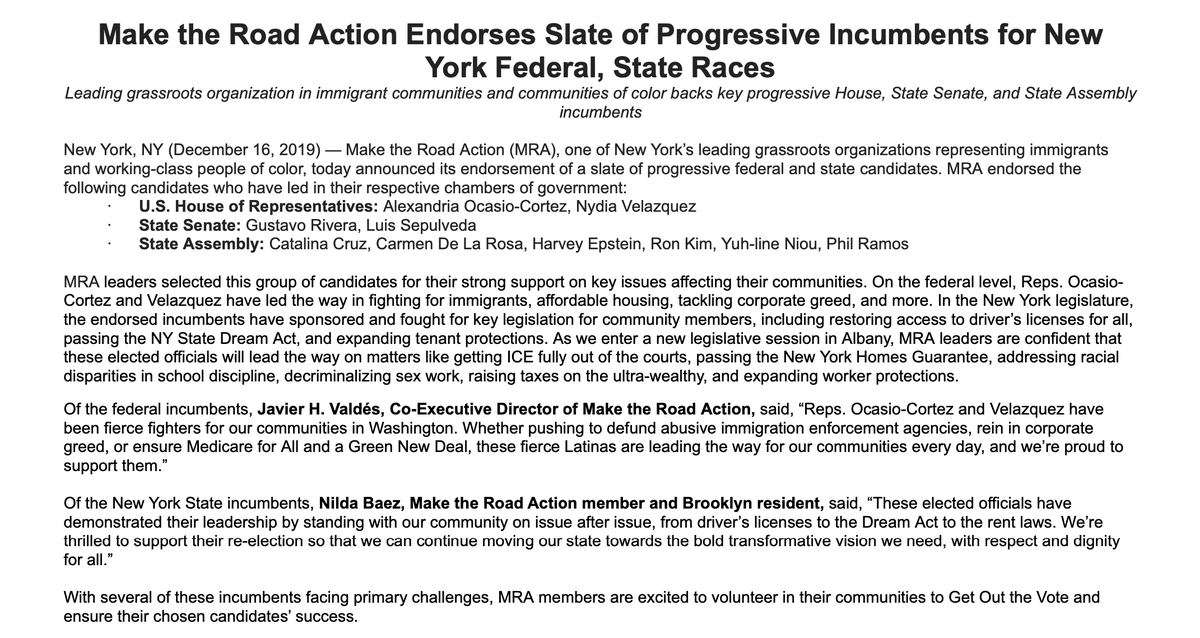 🚨ENDORSEMENT ALERT!🚨Today we endorse 10 progressive champions and allies across NY for Congress, State Senate, and State Assembly. 

Working with them and our allies, we will achieve even more progress for NY in 2020! 👇 /1
