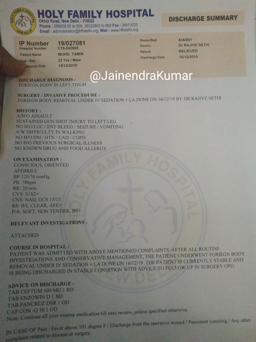 JainendraKumar's tweet photo. .@DelhiPolice का दावा है कि उन्होंने #Jamia इलाके में हुई हिंसा को काबू करने के दौरान एक भी गोली नहीं चलाई . लेकिन इसी इलाके के मोहम्मद तमीन की मेडिकल रिपोर्ट बताती है उनके पैर में 'गनशॉट इंजरी' थी. तमीन का कहना है कि पुलिस वाले ने गोली मारी जबकि वो प्रदर्शन में शामिल नहीं थे. https://t.co/zzEJDNMGdy