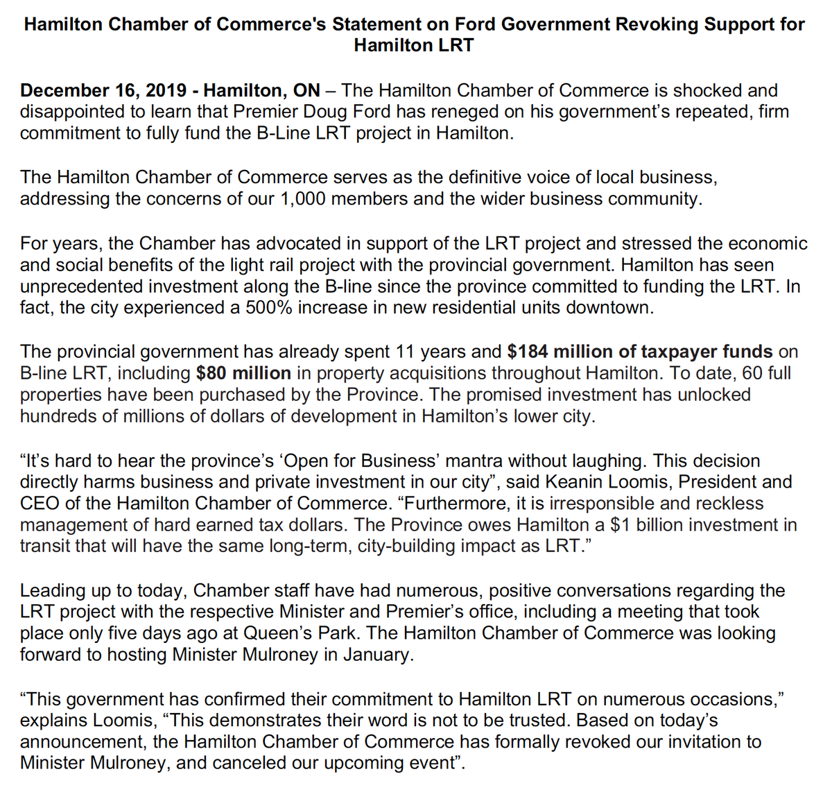 hamiltonchamber's tweet photo. Hamilton Chamber of Commerce's Statement on @fordnation Government Revoking Support for #HamOnt LRT: https://t.co/EFS4GVoez2