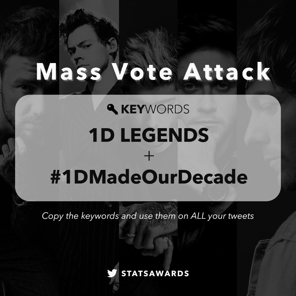STATSAWARDS's tweet photo. 🔑 KEYWORDS (COPY)

1D LEGENDS + #1DMadeOurDecade @onedirection 

Don't use any other tags along with them, but add those above to ALL your tweets and let's trend them to celebrate. You guys have made history, AGAIN https://t.co/fdG4ffaB1F