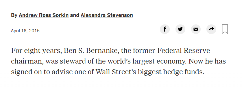 WTF is right. This guy gifted billions to hedge funds and other elites as the (supposed) #1 bank regulator, and then gets rewarded by them. One tabloid rag even put him on the cover with the caption "Hero." https://www.nytimes.com/2015/04/16/business/ben-bernanke-will-work-with-citadel-a-hedge-fund-as-an-adviser.html