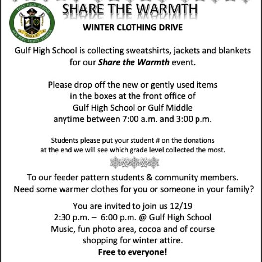 Here is the link to RSVP if you would like to come to our Share the Warmth event at Gulf High,  this Thursday! Beautiful warm clothes for the whole family. It is free and open to the community. #gulfcares <a href="/gulfhighschool/">Gulf High School</a> 

ryu.pasco.k12.fl.us/title1bp-mform…