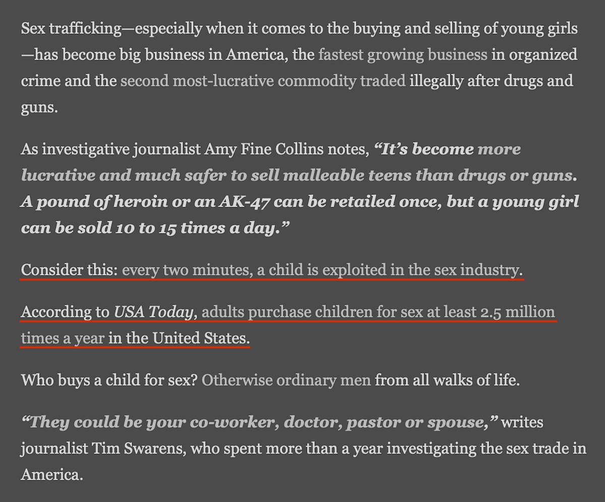 Every Two Minutes, A Child Is Exploited In The Sex Industry. Adults Purchase Children For Sex At Least 2.5 Million Times A Year In The United States.Zero Hedge, February 7, 2018 https://www.zerohedge.com/news/2018-02-06/little-barbies-sex-trafficking-young-girls-americas-dirty-little-secret