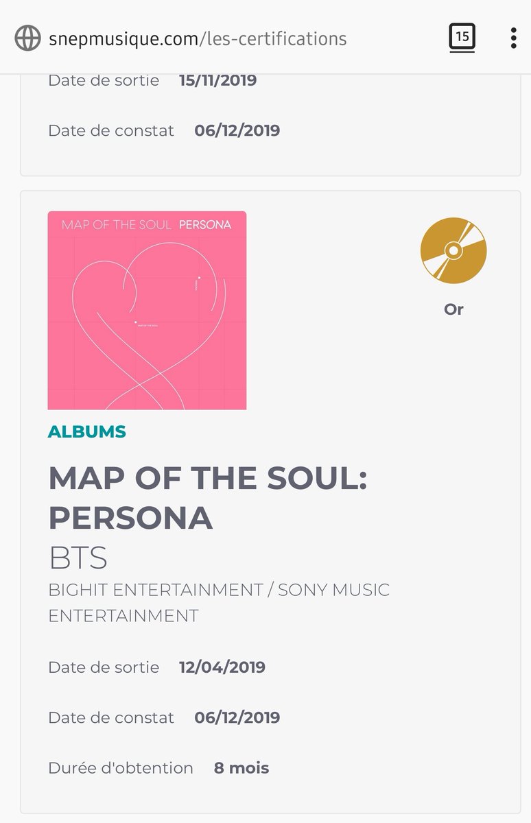_oremya's tweet photo. Je viens d'aller faire un petit tour sur le site du snep et je vois quoi ? On a notre disque d'or depuis le 6 décembre en fait ! 😭😭
On a réussi encore plus tôt qu'on ne l'espérait. Vraiment I purple you ARMY 💜
#PersonaEnOr https://t.co/68BkayvU1i