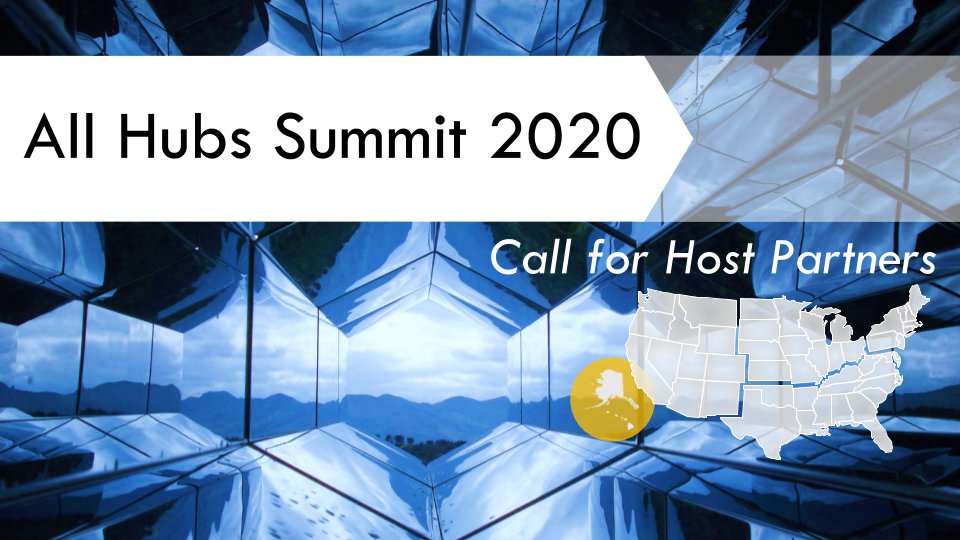 A graphic announcing the 2020 All Hubs Summit Call for Host Partners showing a map of the United States.