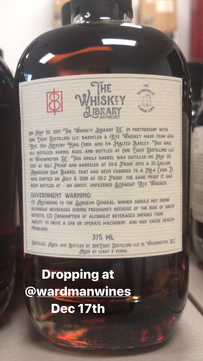 WardmanWines's tweet photo. What happens when passionate whiskey lovers unite? The inaugural release of The Whiskey Library Rye Whiskey, dropping on Dec 17 right here! A custom mash bill, bottled at cask strength. #whiskey #dc #drinklocal #livedc #oneeightdistilling @WhiskeyLibrary1 https://t.co/tMQeZqFFxl
