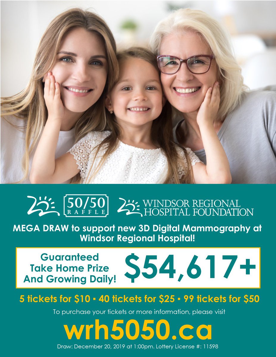 <a href="/WRHFound/">Windsor Regional Hospital Foundation</a> is well on its way towards raising the funds needed to purchase a new 3D Digital Mammography Machine for Windsor Regional Hospital. Draw is December 20.
 
The 50/50 raffle take home prize is at $54,617 and growing daily.
 
Get your tickets at wrh5050.ca