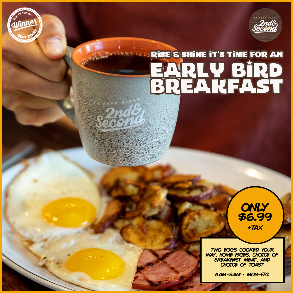 2ndNSecond's tweet photo. The early bird gets the best breakfast deal in St. Pete! 

Two eggs your way 🍳
Choice of breakfast meat 🥓
Home fries 🥔
Choice of toast 🍞

Just $6.99 Monday-Friday, from 6am-8am at The Best Diner in Tampa Bay! https://t.co/IX1k70PM6c