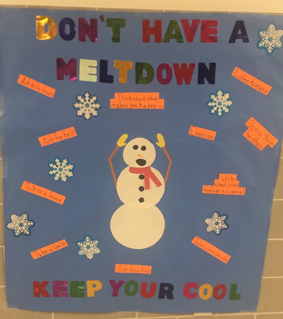 JenLepore's tweet photo. Counselor @AllyC78 created this poster with students.... great reminder during this busy season ☃️ #DontHaveAMeltdown #KeepYourCool https://t.co/J0Fz7YCnMy