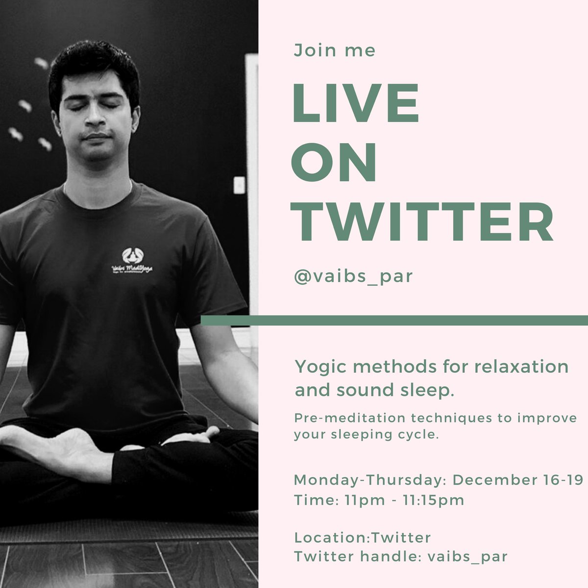 vaibsparashar's tweet photo. Join me on this week at 11pm for guided relaxation and sound sleep techniques. Yogic techniques to relax the nervous system, to balance the brain hemisphere which can help an individual to stay in a rest and digest mode. 
See you tonight #yogictechniques #livingwithyogicwisdom https://t.co/oEZzH2JibN