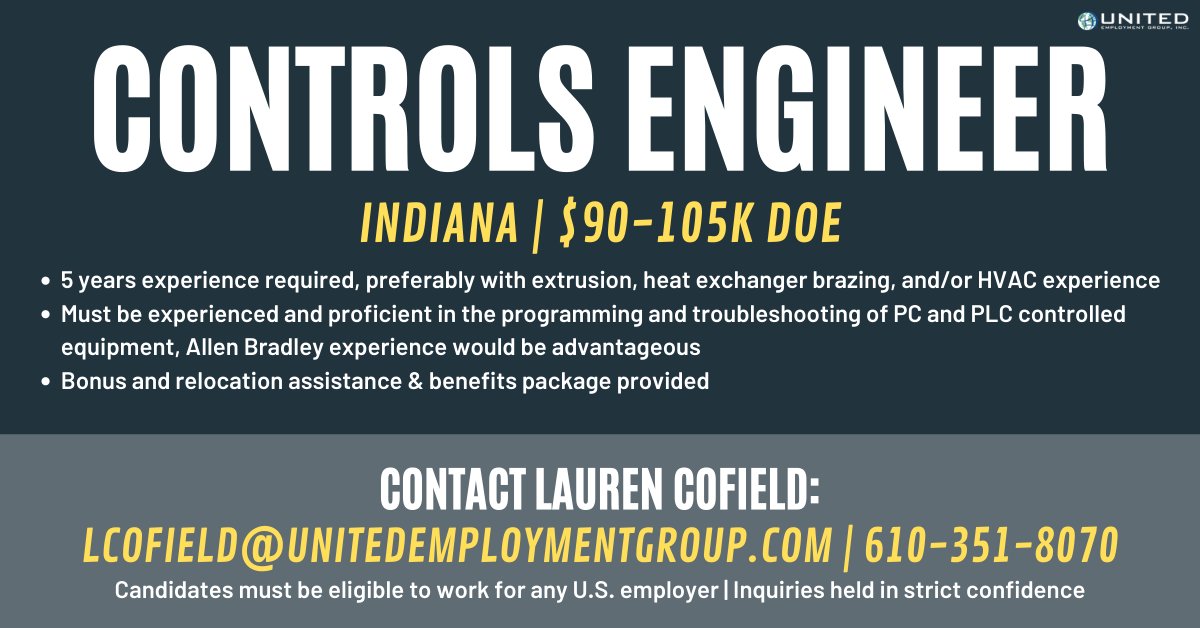 UEG_Jobs's tweet photo. SEEKING: Controls Engineer in IN. $90-105K DOE

CONTACT Lauren Cofield for immediate consideration: 
LCofield@unitedemploymentgroup.com | 610-351-8070

Candidates must be eligible to work for any US employer
Inquiries held in strict confidence https://t.co/TZeNCiRBd2