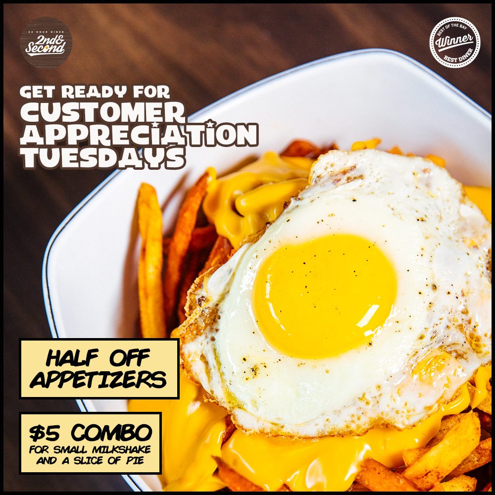 2ndNSecond's tweet photo. Have we told you we love you lately? We'd rather show than tell, so enjoy Customer Appreciation Tuesdays:
🥙Half off appetizers
🍰 $5 combo for small milkshake and a slice of pie https://t.co/3HFsmuDbv5