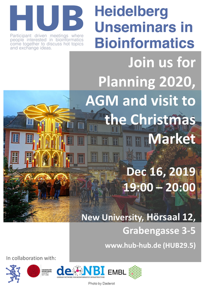 post of the HUB AGM. Hoersaal 12, Grabengasse 3-5 in Heidelberg from 19:00 on December the 16th, illustrated with an image of the Heidelberg Christmas market