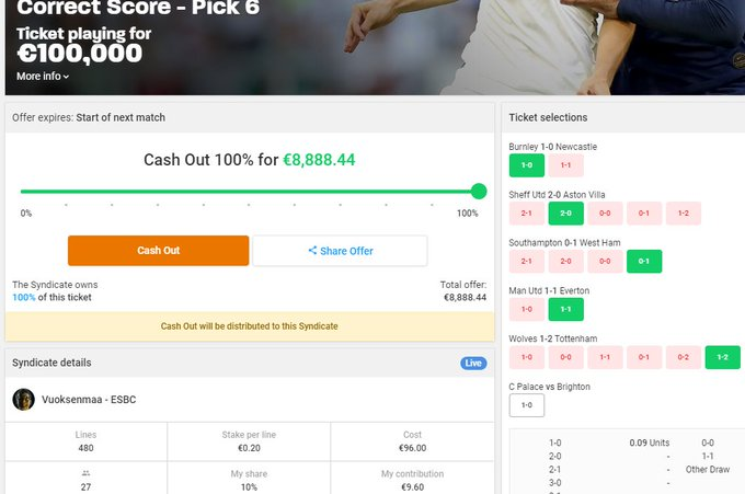 JormaVuoksenmaa's tweet photo. Even tougher decision tonight in the #CRYBHA match: #WeWinTogether 100.000€ with my syndicate on the  @ColossusBets P6 #valioliiga #Moniveto,if #CrystalP wins by 1-0.But we could secure sure 8888€ via a #cashout. 
What would you do?
#vedonlyönti #sijoittaminen #riski'n hallinta https://t.co/HAwhvrMcZ4