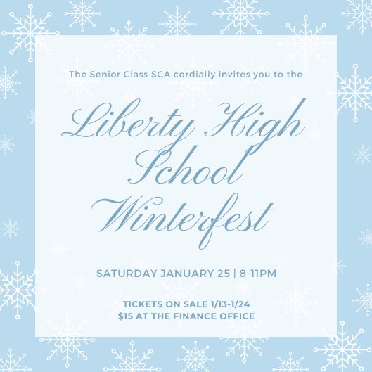 Classof2020Sca's tweet photo. Hey Eagle Nation! The Senior Class invites you to LHS Winterfest dance. January 25th 8-11pm ❄️ https://t.co/PG5FD0l8LX
