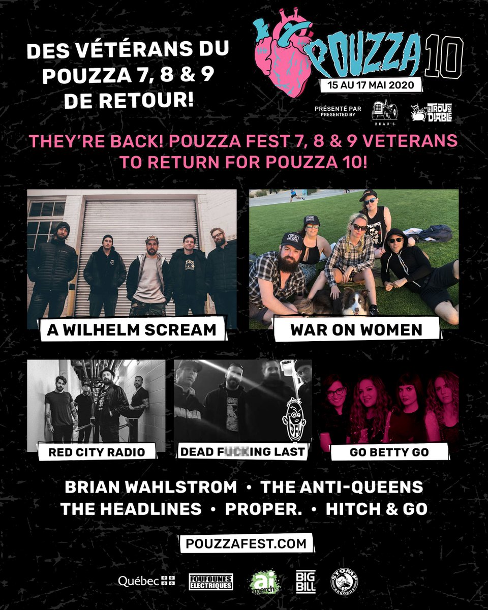 Des vétérans du Pouzza 7, 8 et 9 seront de retour pour Pouzza 10! Billets: pouzzafest.com/billets /// They're back! Veterans from Pouzza 7, 8 and 9 to play in 2020! Tickets: pouzzafest.com/tickets @AWILHELMSCREAM • @WarOnWomxn • @redcityradio • @ProudToBeDFL • @GoBettyGo