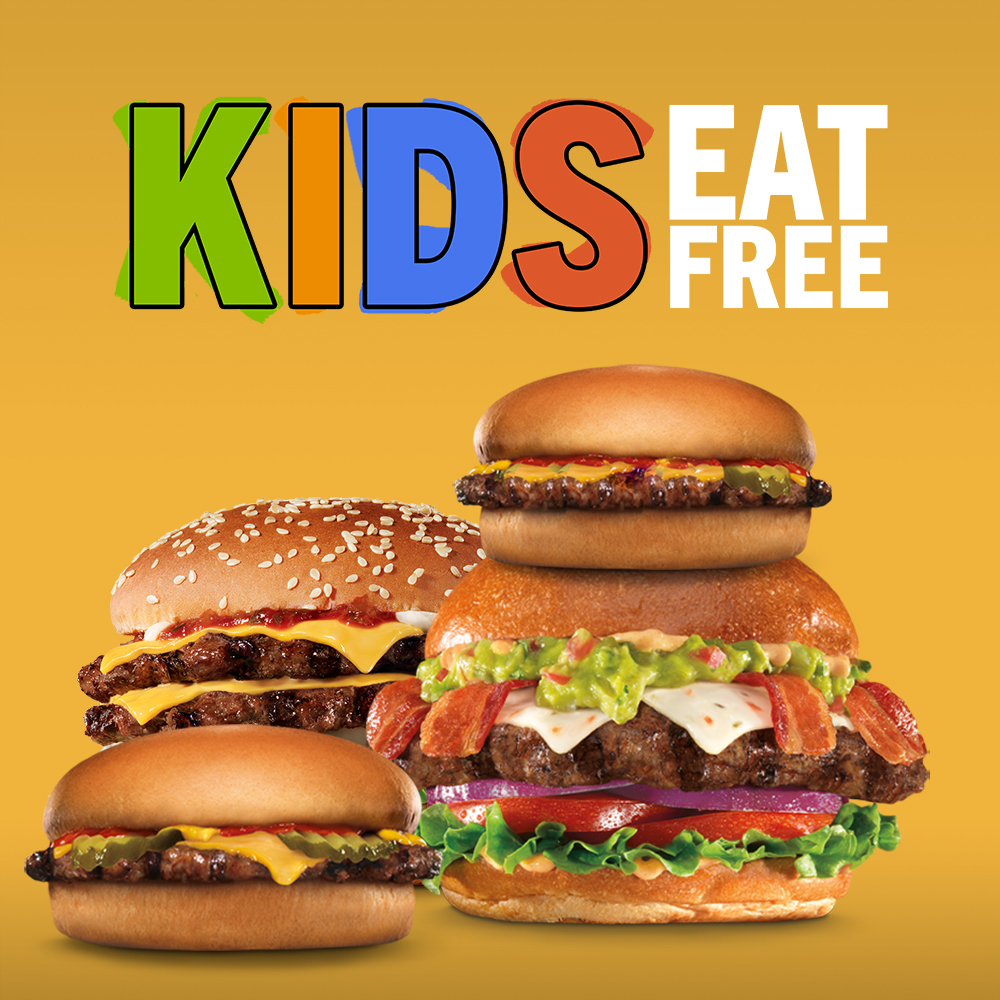 At Carl’s Jr, kids now eat free. Simple as that.
(See below for less simple part)
.
.
.

Get a free Kids’ Hamburger or Kids’ Cheeseburger meal Monday to Thursday with purchase of a regular adult combo. Terms and conditions apply. At participating Canadian Locations.