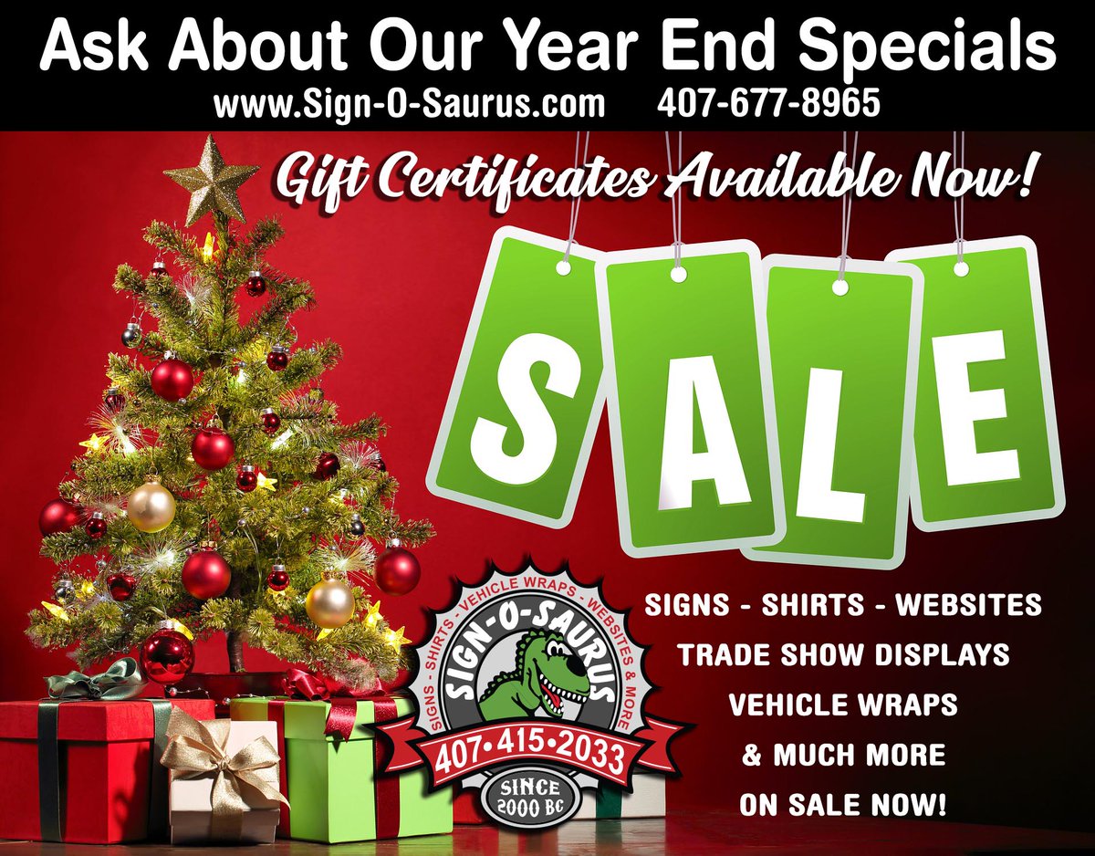signosaurus1's tweet photo. Don't forget!! Time is running out for our End Of Year Specials!! Call or come in today. 
3008 S US HWY 17-92 Casselberry, FL 32707
#Sale #GiftCertificate #EndofYearSpecials #vehiclewraps #shirts #Websites #signs https://t.co/j65tuaFsTt