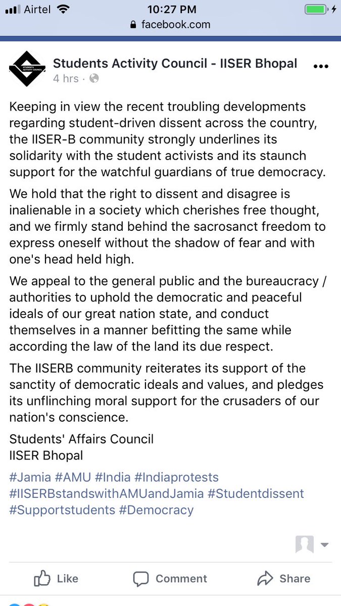 ShreyaR_C's tweet image. I can't update this anymore but the student who first alerted me to the rumblings in the IITs sent this. Add IISER Bhopal to the list. #CAAProtests #JamiaMilia #AMUprotest