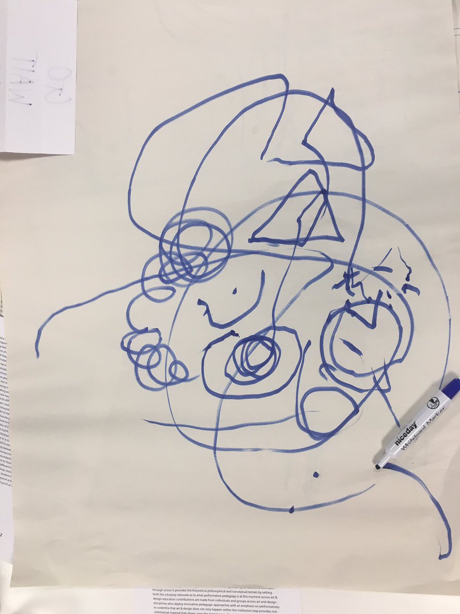 MomentsofGuffaw's tweet photo. Inspiring end to the day catching the conclusion of #UALplatform on creative methodology in education research & the launch of @leejjcampbell new book on critical performatice pedagogy. Particularly proud of our collaborative artwork ‘six hands one pen’! https://t.co/hQaROlrqAn