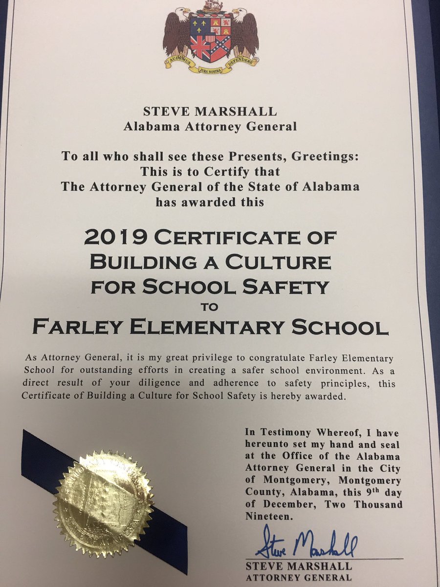 aka88principal's tweet photo. Congratulations to Farley!  We are excited to receive the Certificate of Building a Culture for School Safety. @HSVk12 @johnson_ma @MattieLHill @FarleyPreK @bethmelton11 @FarleyElemPTA @FarleyHSV https://t.co/z6qeqPTxOc