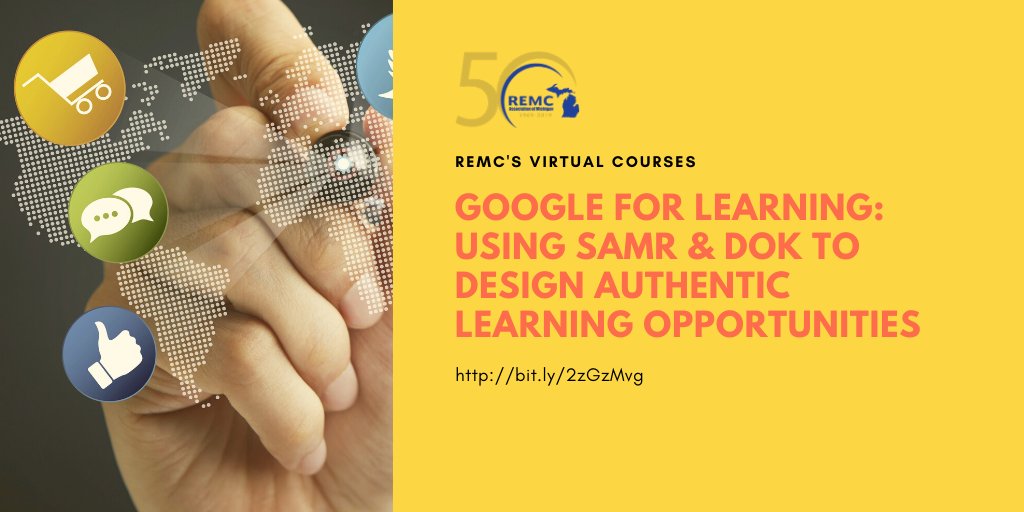 TBAISDTechTalk's tweet image. REMC Courses: Using Substitution, Augmentation, Modification, Redefinition (SAMR) and (DOK) to Design Authentic Learning Opportunities. Create blended lessons using a mix of media tools with big data to promote student creativity and voice. Free. 10 SCECHs bit.ly/2zGzMvg