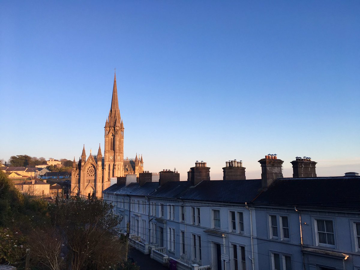 Lovely colours in late afternoon December sunset today #Cobh #Cork #Ireland #Cathedral #DeckOfCards #Crescent