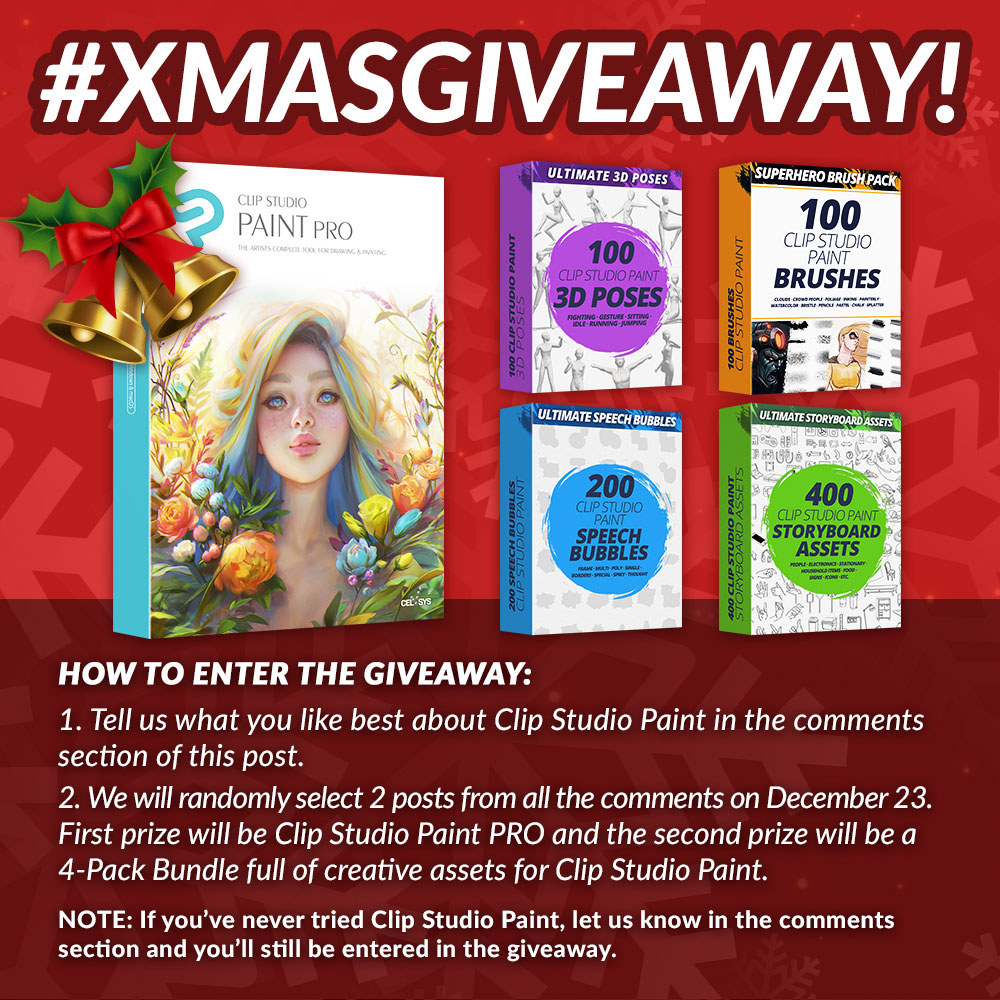 Do you want to enter the @Graphixly #XmasGiveaway ? IT'S SO EASY! 😍 Just leave a comment on this post and you're already participating! 🥰 Help us RT to spread the word ✌️We'll pick winners on Dec 23th 🎄🎅 Good Luck! #ClipStudioPaint #CLIPSTUDIO