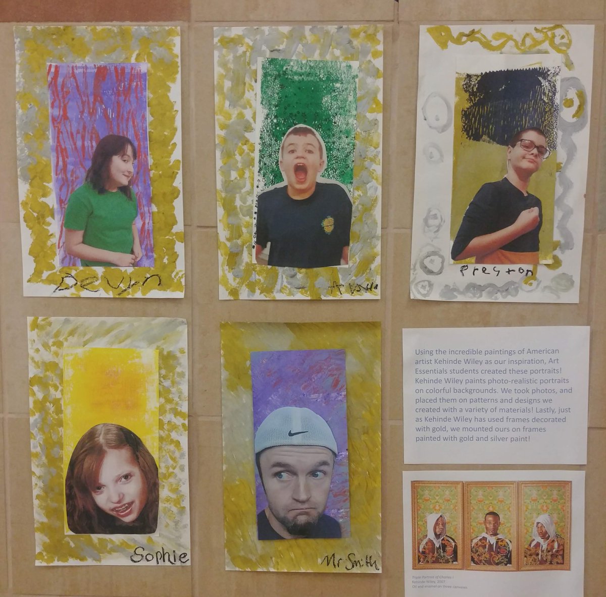 MWArtDept's tweet image. Art Essentials class looked at the brilliant portraiture of Kehinde Wiley, and using pattern, color, and a variety of media, created these framed self portrait! #exploringart #thearts