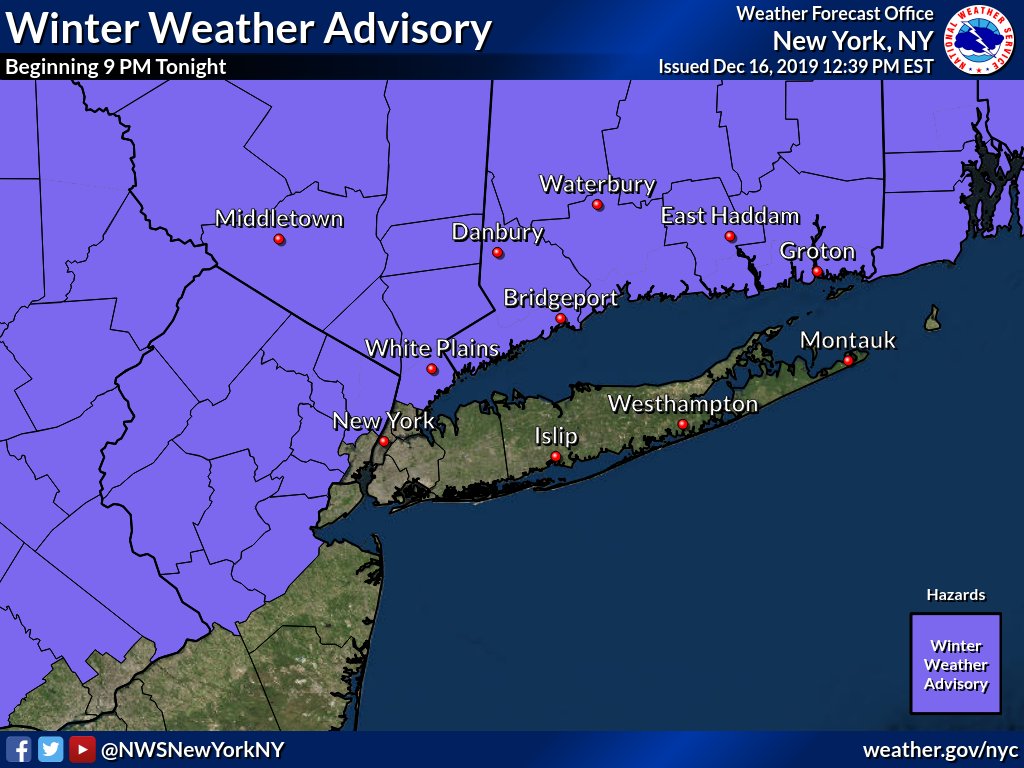 NWSNewYorkNY's tweet photo. [12:45pm Monday 12/16] - Winter Weather Advisory expanded to include the Connecticut coastline and all of northeast NJ with the exception of Hudson County. https://t.co/rG81CNUUMv