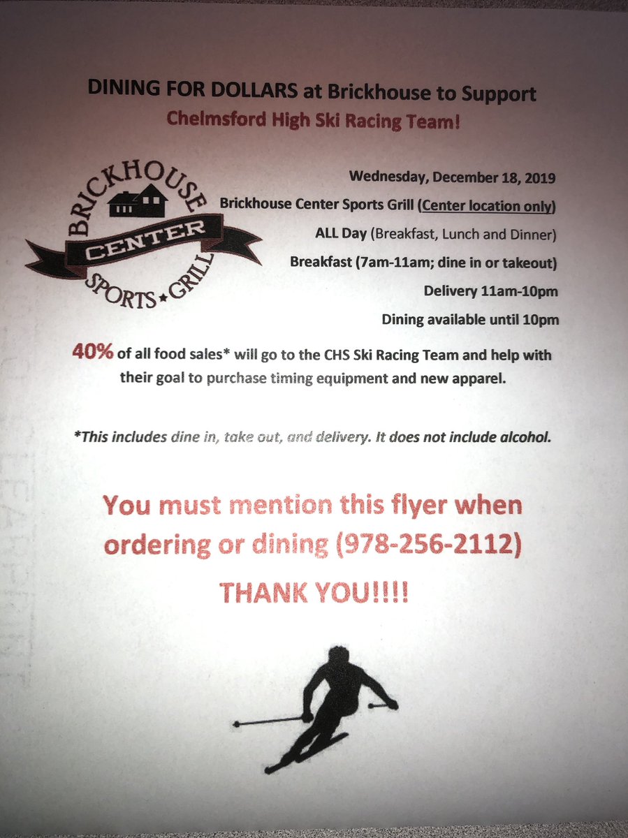coachkingJ's tweet photo. Please support the CHS Ski Racing Team and have a meal at The BrickHouse Sports Grill in Chelmsford Center this Wednesday!!@CHSAthletics_ @CHSASBoosters https://t.co/mdWgDdgchb