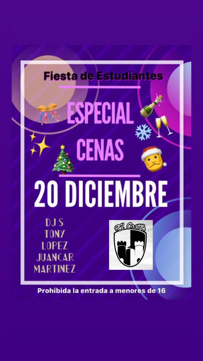 ESPECIAL CENAS🤩
 ⚠️20 de Diciembre
🔶Entradas a 3€
🔶Se sorteará una entrada en cada una de nuestras redes sociales, así que síguenos en todas:
- Face: Segundo Bach
- Insta: @2bach19_20
PARA ENTRAR EN EL SORTEO DE UNA ENTRADA:
- Dar RT
Te esperamos!!!💃
