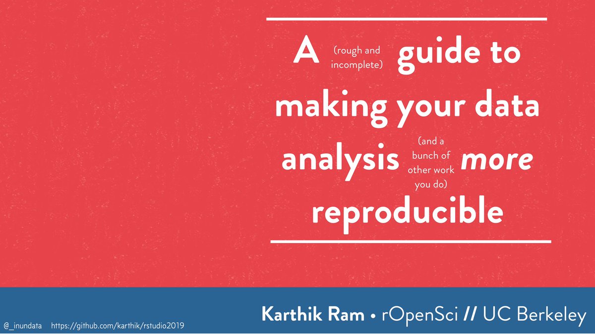 dataandme's tweet image. 🎄 Day 16 #rstats resource advent:
♻ &quot;A guide to making your data analysis more reproducible&quot; by @_inundata
🗃 slides, resources, vid: buff.ly/2DgkSxM 
📄 Incl: Packaging Data Analytical Work Reproducibly Using R (and Friends) by @benmarwick,  @cboettig, &amp;amp; @lincolnmuller