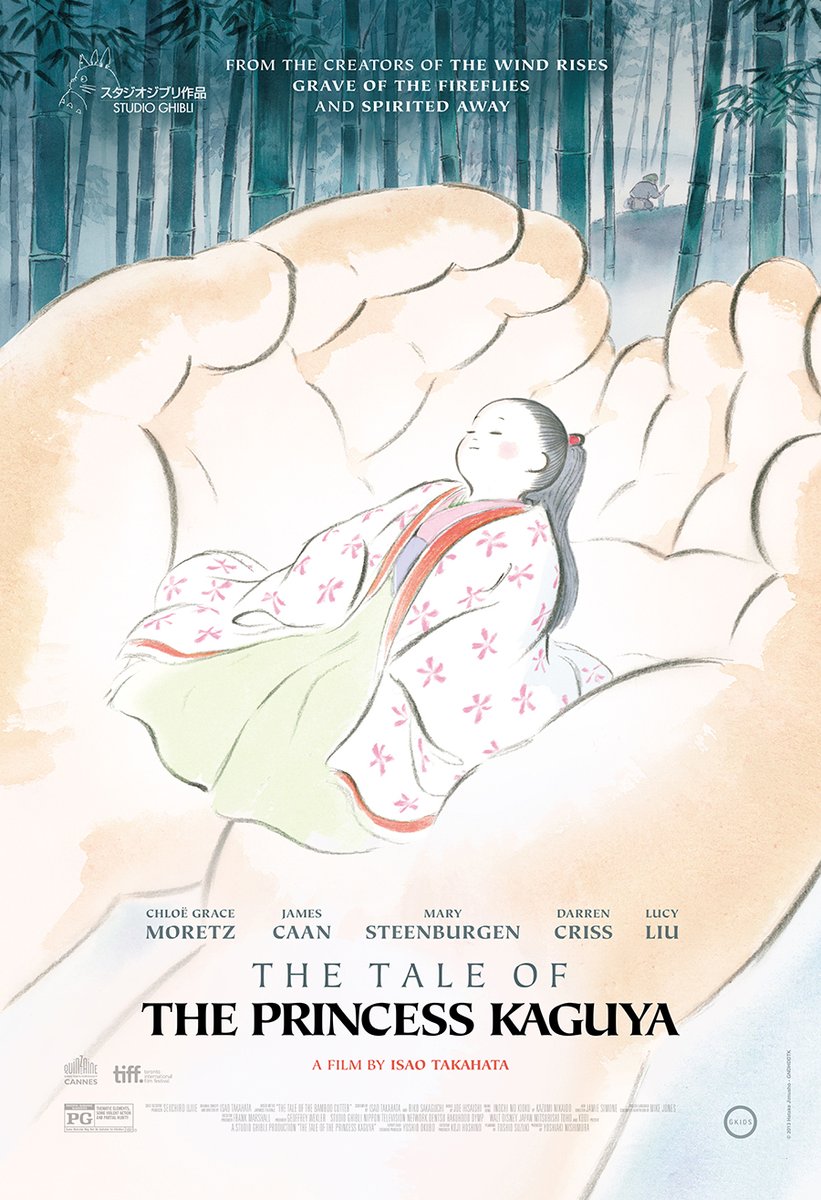 The Tale of the Princess Kaguya movie poster, image features a tiny princess in colorful flowing robes lying asleep in the palm of 2 hands cupping her gently. In the background is a shady bamboo grove with a hunched figure in the distance holding a tool.
