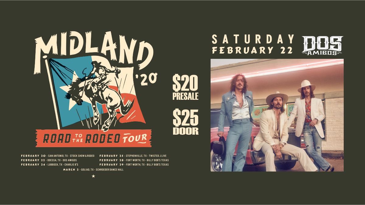 Give the gift of #livemusic by <a href="/MidlandOfficial/">Midland</a> this #christmas 
✨ ROAD TO THE RODEO TOUR✨ LIVE @ Dos Amigos [02.22.20]‼️THIS SHOW WILL SELL OUT❌PURCHASE HERE bit.ly/2Y9cp8n
✅This is an 18+ event✅Under 21 will be charged additional $5 ✅Valid ID required to enter.