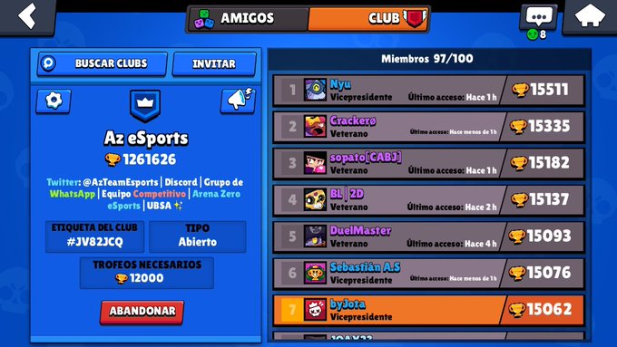 ¡Estamos reclutando gente para nuestro club de #BrawlStars!

¿Te interesaría crecer junto a nosotros?
¿Te interesaría escalar en el top junto a nosotros?
somos una comunidad cálida y amigable. 
te estamos esperando en Az Esports.

¡Torneos, Whatsapp, discord y mucho mas! 

#GoAZ
