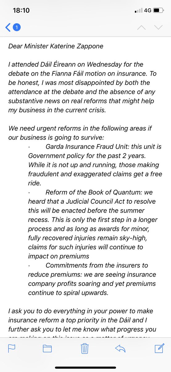 NoelAnderson_'s tweet photo. Interesting to see @KZapponeTD coming out saying it’s the first time insurance has effected her area. I sent her this email on the 13th of March and got no response. The insurance crisis effects everybody. Maybe now as a cabinet minister she will get involved.#insurancereformnow https://t.co/YRpCTFR9Wf