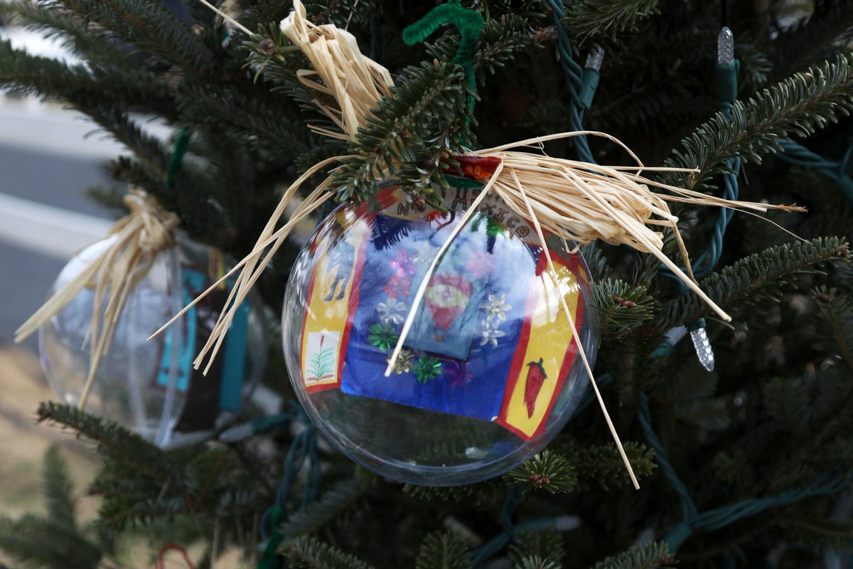 hanging on the tree is an ornament with a scene on the inside showing a red pepper, a hot air balloon, flowers, and the words New Mexico; has straw-like material on top tied as a bow