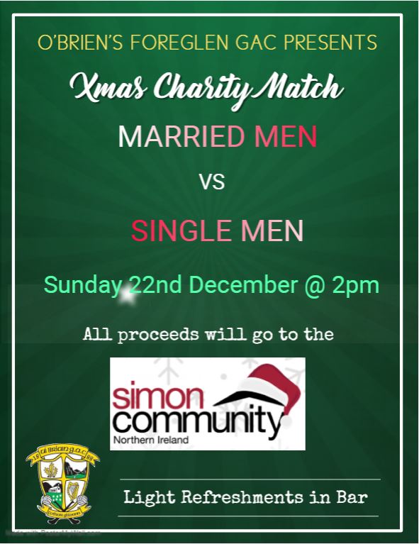 ForeglenGAA's tweet photo. 1/2 We are happy to announce we are holding our first Xmas Charity Match were the Married men of Foreglen will come up against the Singletons of Foreglen! 

Two very even teams have been chosen ahead of this battle of bragging rights.. But who will come out on top 🤷‍♂️ https://t.co/mO9GZYVlYu