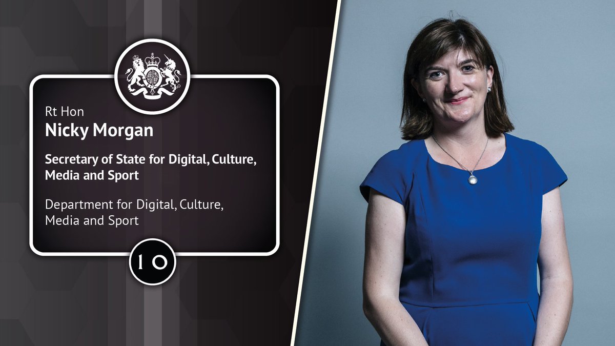 The Rt Hon Nicky Morgan @NickyMorgan01 has been confirmed as Secretary of State for Digital, Culture, Media and Sport <a href="/DCMS/">Department for Culture, Media and Sport</a>