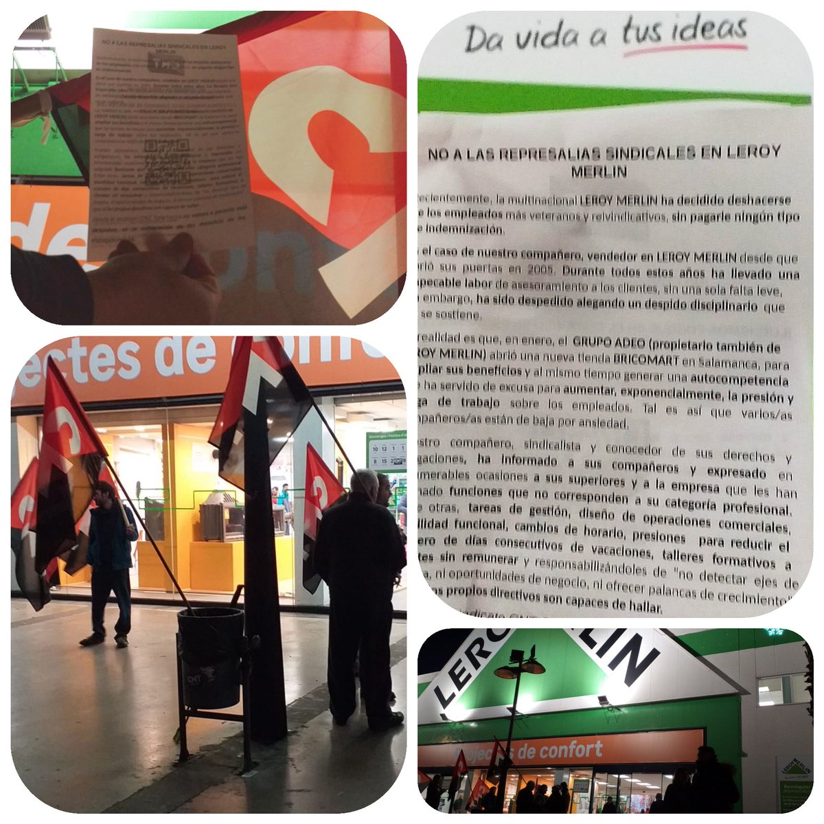 SOLIDARITAT | LEROY MERLIN

Avui ens hem juntat uns quants sindicats per anar a fer un piquet informatiu a Leroy Merlin per l'acomiadament d'un company de <a href="/CNTSalamanca/">CNT Salamanca</a> per fer acció sindical.

Cap acomiadament sense resposta!