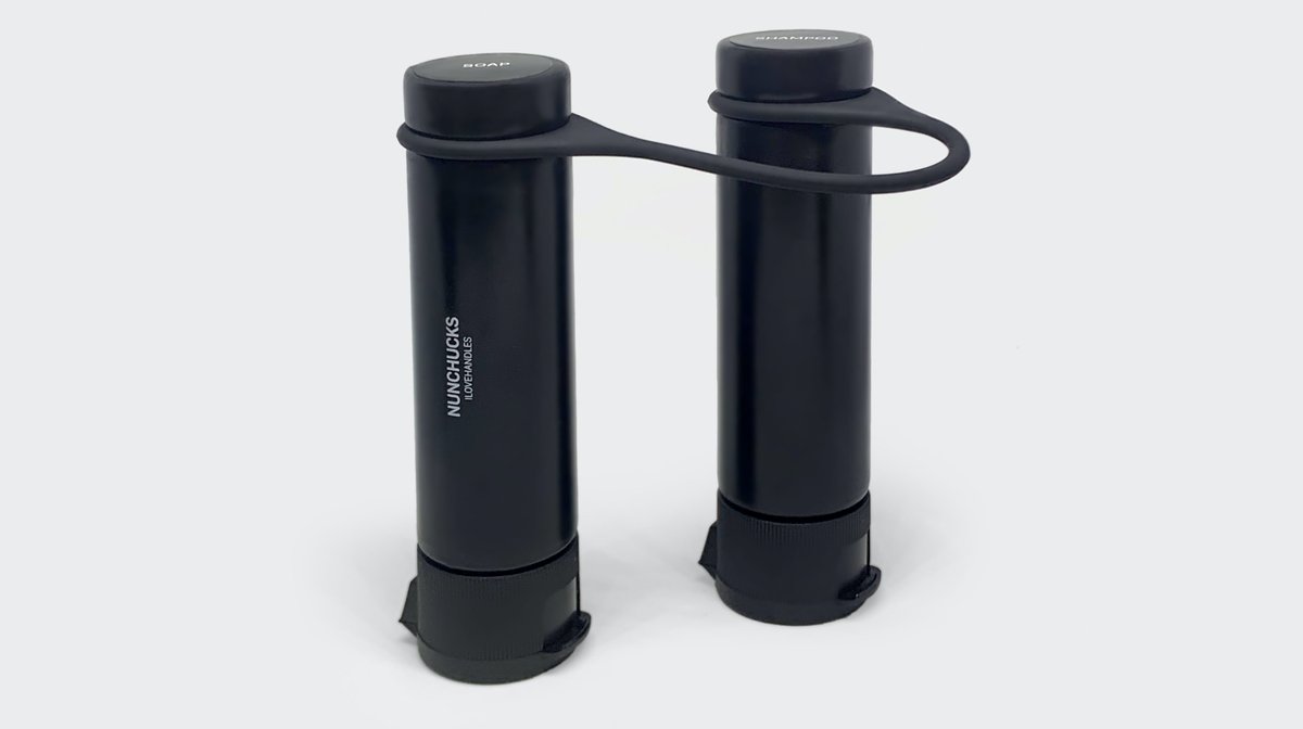 Nunchucks are the ultimate travel bottles. Hang them over the shower handle, on a hook, or on the outside of your bag if they’re wet. When hanging, the caps always face down, so your goo settles right where you need it. ilovehandles.com/shop/nunchucks/